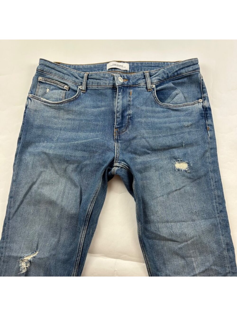Zara Blue Distressed Stretch Denim Skinny Ankle Jeans 12 - Picture 2 of 6